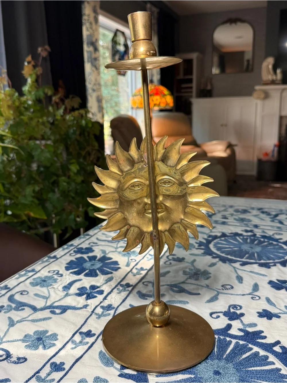 VTG Pier 1 Celestial Brass SunFace Candlestick Holder Taper Gold Whimsical Metal